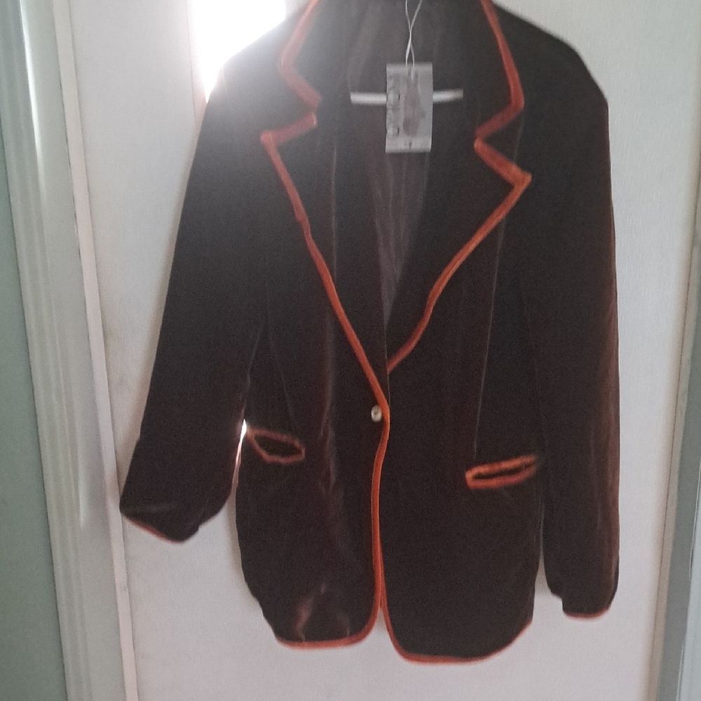 Women's Brown Velvet Blazer with Orange Trim - Tailored Single-Button Jacket